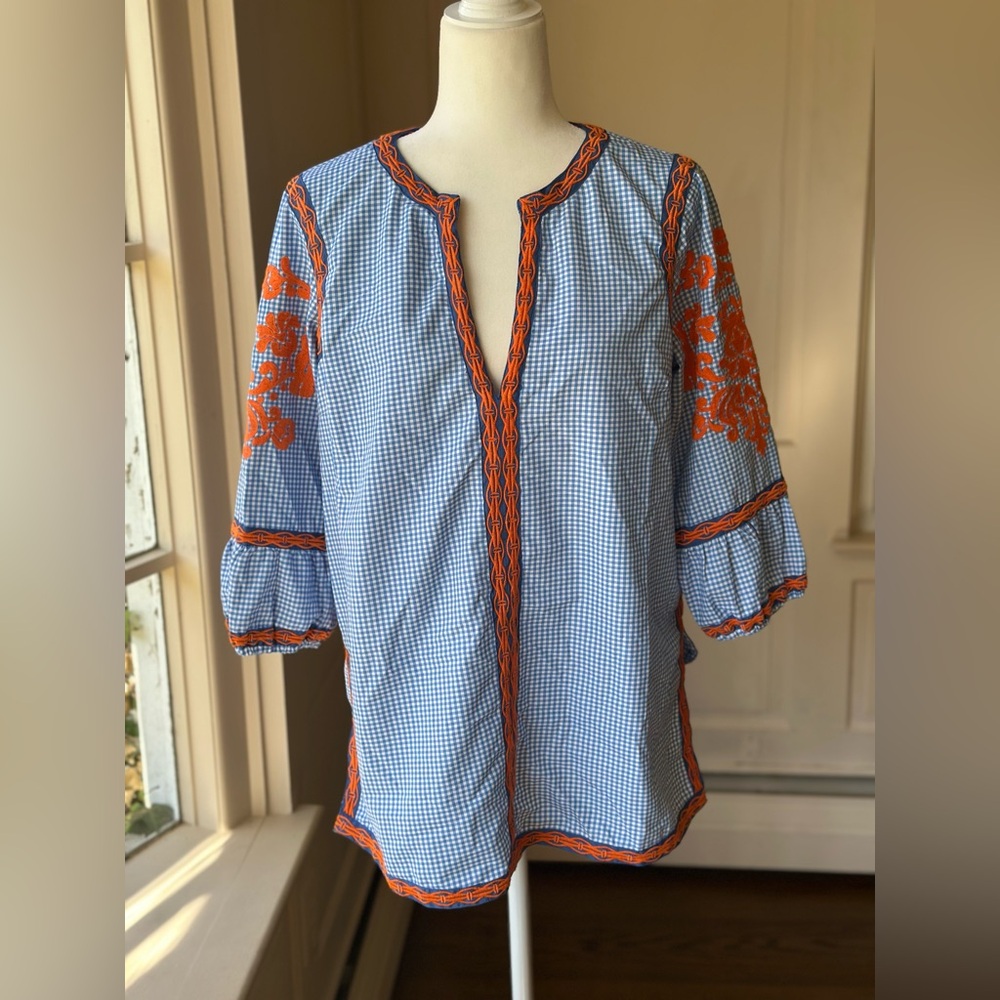 Gretchen Scott Designs Blue and White Gingham Tunic Top with Orange Embroidery